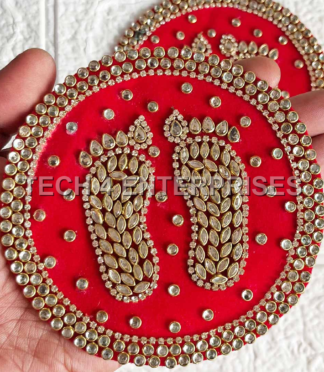 Round Red Lakshmi Ji Charan Rhinestone Patch