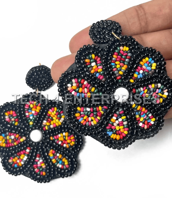Black & Multi Color Flower Shape Earrings