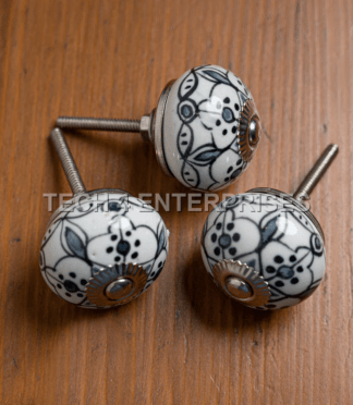 Blue Pottery Round Floral Door Knob set of 3