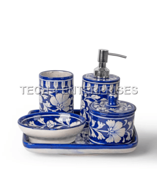 Blue Pottery Soap Dispenser Bath Set